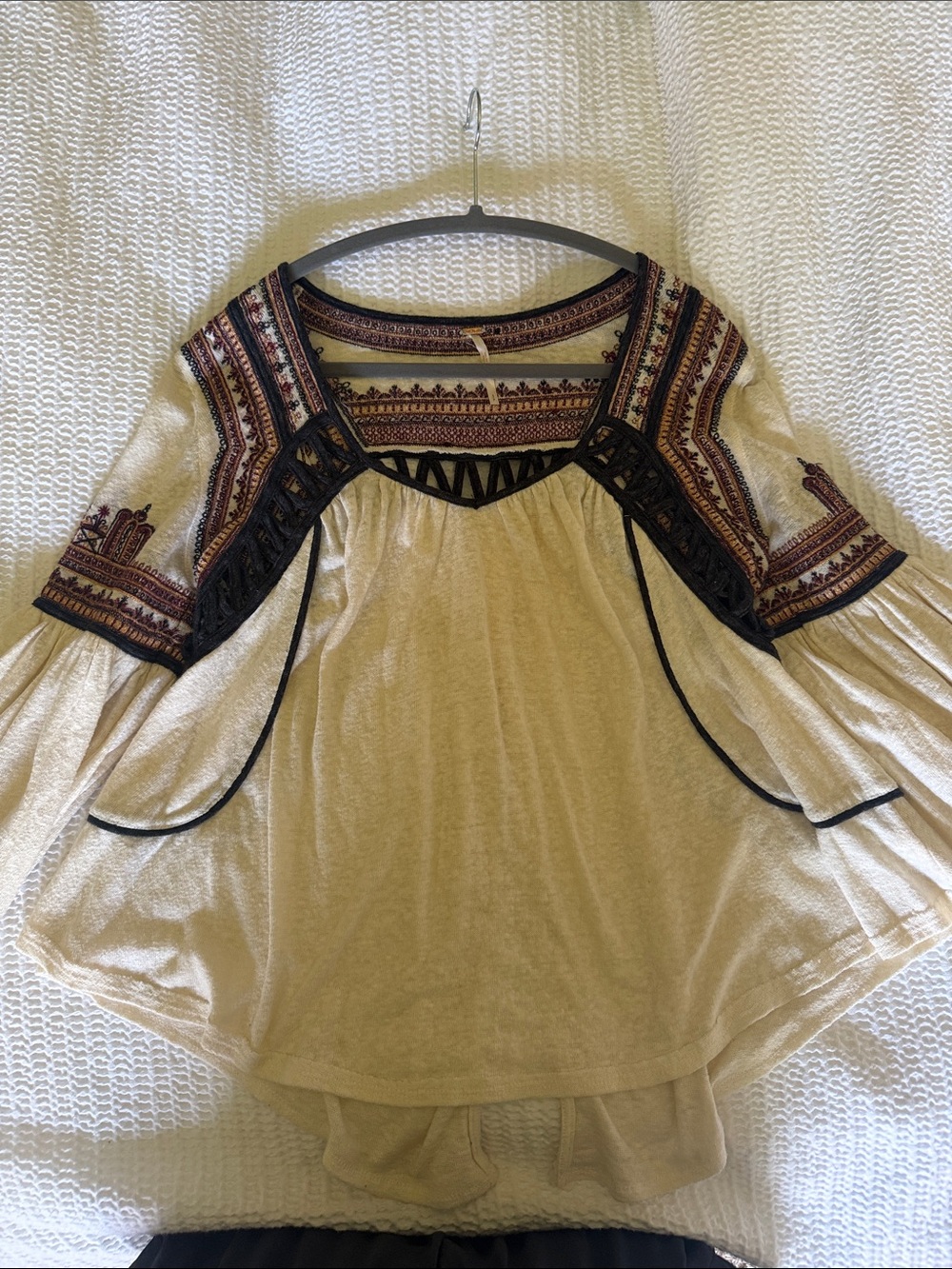 Free People Cream Boho Embroidered Peasant Tunic with Black Trim